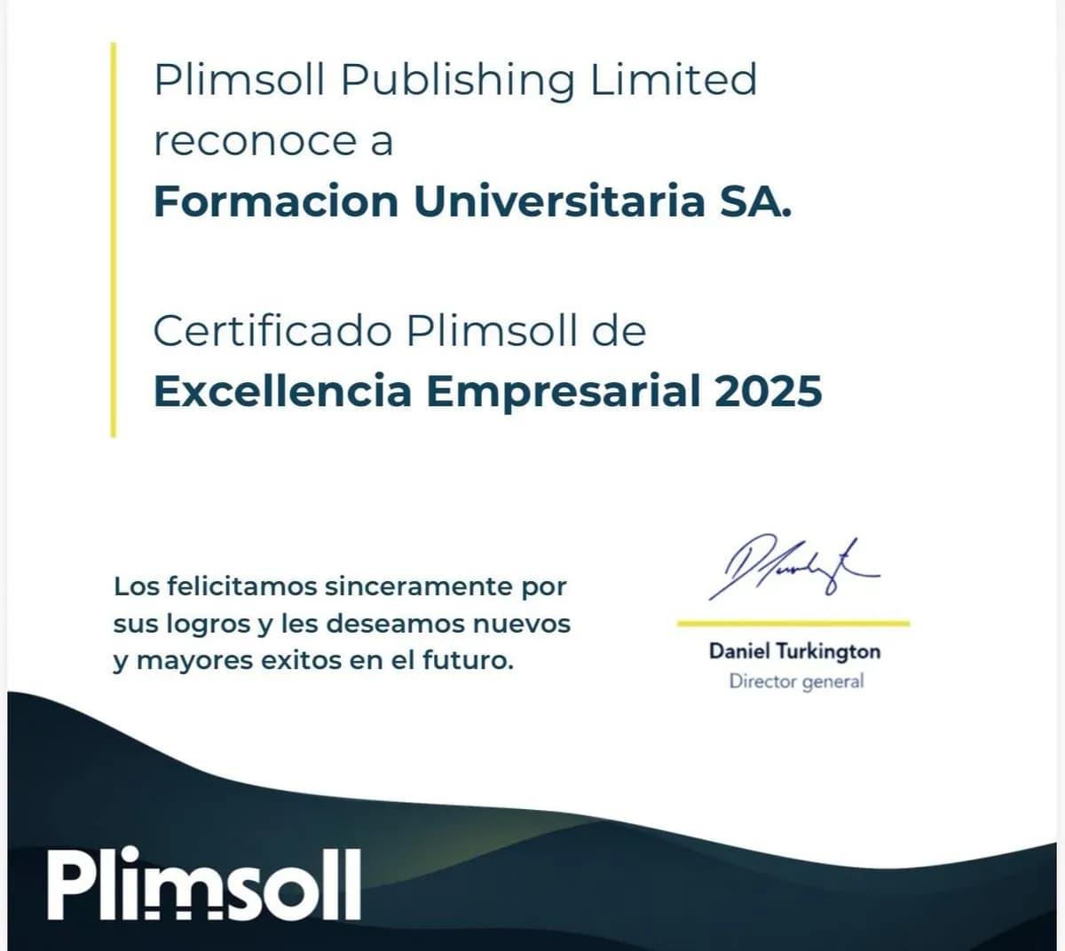 Grupo Educativo Formación Universitaria recibe Certificado Plimsoll 2025